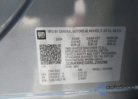 2025 Chevrolet Equinox Fwd Activ из США, поврежденный, VIN 3GNAXKEG6SL230298